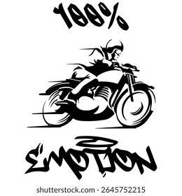 A Simple Vector Monochrome Image Of A Racer On A Racing Motorcycle On A White Background With The Inscription 100% EMOTION. T-shirt Image. Image For Tattoo. Jacket design.