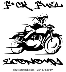 Uma Imagem Monocromática Vetorial Simples De Um Corredor Em Uma Motocicleta De Corrida Em Um Fundo Branco Com A Inscrição F*CK FUEL ECONOMY. Imagem da camiseta. Imagem Para Tatuagem. Design de jaqueta.