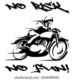 A Simple Vector Monochrome Image Of A Racer On A Racing Motorcycle On A White Background With The Inscription NO RISK NO FUN! T-shirt Image. Image For Tattoo. Jacket design.