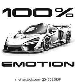 Simple Vector Monochrome Image Of A Sports Car On A White Background With Lettering 100% EMOTION. T-shirt Image. Image For Tattoo. Jacket design.