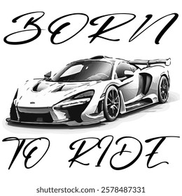 Simple Vector Monochrome Image Of A Sports Car On A White Background With Lettering FREEDOM MACHINE. T-shirt Image. Jacket design.