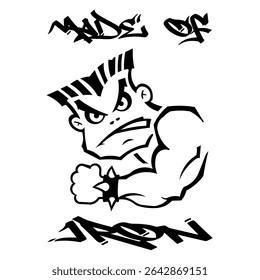 Vetor Simples Imagem Monocromática De Um Cara Forte Com Uma Pulseira Na Mão Em Um Fundo Branco Com A Inscrição FEITA DE FERRO. Imagem De Uma Camiseta. Imagem Para Tatuagem. Design de jaqueta.