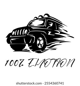 A Simple Vector Monochrome Image Of SUV Car That Overcomes Off Road On A White Background With The Inscription 100% EMOTION. T-shirt Image. Jacket design.