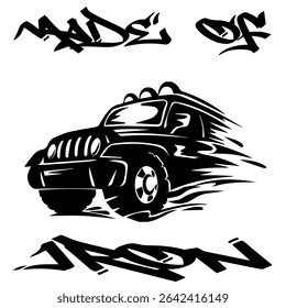 A Simple Vector Monochrome Image Of SUV Car That Overcomes Off Road On A White Background With The Inscription MADE OF IRON. T-shirt Image. Image For Tattoo. Jacket design.