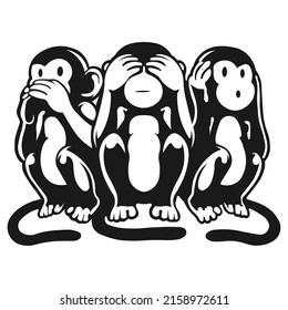 A simple vector monochrome image of three monkeys that symbolize the principle: do not see, do not hear, do not say