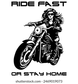 Imagen Monocromática De Vector Simple De Una Mujer En Una Motocicleta Sobre Un Fondo Blanco Con Letras RIDE FAST O QUÉDATE EN CASA. Imagen de camiseta