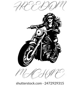 Simple Vector Monochrome Image Of A Woman On A Motorcycle On A White Background With Lettering FREEDOM MACHINE. T-shirt Image