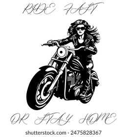 Imagen Monocromática De Vector Simple De Una Mujer En Una Motocicleta Sobre Un Fondo Blanco Con Letras RIDE FAST O QUÉDATE EN CASA. Imagen de camiseta