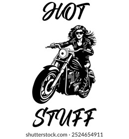 Simple Vector Monochrome Image Of A Woman On A Motorcycle On A White Background With Lettering HOT STUFF. T-shirt Image