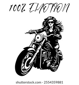 Simple Vector Monochrome Image Of A Woman On A Motorcycle On A White Background With Lettering 100% EMOTION. T-shirt Image. Jacket design.