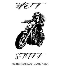 Simple Vector Monochrome Image Of A Woman On A Motorcycle On A White Background With Lettering HOT 
STUFF. T-shirt Image. Jacket design.