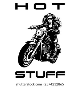 Simple Vector Monochrome Image Of A Woman On A Motorcycle On A White Background With Lettering HOT STUFF. T-shirt Image. Jacket design.