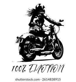Simple Vector Monochrome Image Of A Woman On A Motorcycle On A White Background With Lettering 100% EMOTION. T-shirt Image. Image For Tattoo. Jacket design.