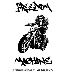 Simple Vector Monochrome Image Of A Woman On A Motorcycle On A White Background With Lettering FREEDOM MACHINE. T-shirt Image. Image For Tattoo. Jacket design.
