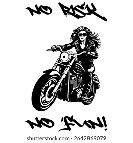 Simple Vector Monochrome Image Of A Woman On A Motorcycle On A White Background With Lettering NO RISK NO FUN! T-shirt Image. Image For Tattoo. Jacket design.