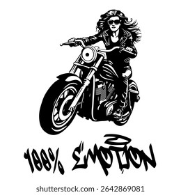 Simple Vector Monochrome Image Of A Woman On A Motorcycle On A White Background With Lettering 100% EMOTION. T-shirt Image. Image For Tattoo. Jacket design.