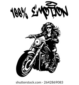 Simple Vector Monochrome Image Of A Woman On A Motorcycle On A White Background With Lettering 100% EMOTION. T-shirt Image. Image For Tattoo. Jacket design.