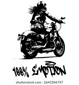 Simple Vector Monochrome Image Of A Woman On A Motorcycle On A White Background With Lettering 100% EMOTION. T-shirt Image. Image For Tattoo. Jacket design.
