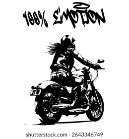 Simple Vector Monochrome Image Of A Woman On A Motorcycle On A White Background With Lettering 100% EMOTION. T-shirt Image. Image For Tattoo. Jacket design.