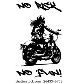 Vetor simples imagem monocromática de uma mulher em uma motocicleta em um fundo branco com letras SEM RISCO SEM DIVERSÃO! Imagem da camiseta. Imagem Para Tatuagem. Design de jaqueta.