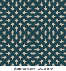 Simple vector monochrome seamless pattern with tiny curved shapes, small crosses, mesh. Abstract geometric background in teal and beige color. Vintage texture. Repeat design for decor, print, textile