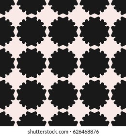 Simple vector monochrome texture, black & white geometric seamless pattern with flat flower silhouettes. Square symmetric illustration. Abstract design element for print, decor, textile, furniture