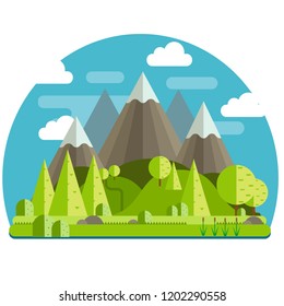 Simple vector of a mountain landscape with hills and a lake.