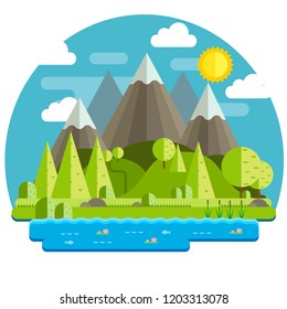 Simple vector of a mountain landscape with hills and a lake with plants and fish.