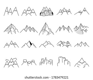 Simple vector mountains icons shapes set. Logo creation kit. Outdoor adventure line art mountain elements bundle. Silhouette linear concept. Stock vector bundle
