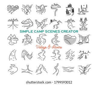 Simple vector mountains valleys and rivers icons shapes set. Logo creation kit. Outdoor adventure line art mountain elements bundle. Silhouette linear concept. Stock vector collection