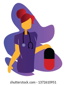Simple vector multicolor illustration of a nurse in purple medical suit holding huge pill on a white background