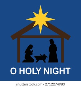 Eine einfache Vektorkrippe mit einem stabilen, hellen Stern und Silhouetten der heiligen Familie, die die friedliche Bedeutung der Weihnachtsnacht symbolisieren.