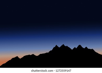 Simple vector night landscape with mountains and stars, minimalistic background
