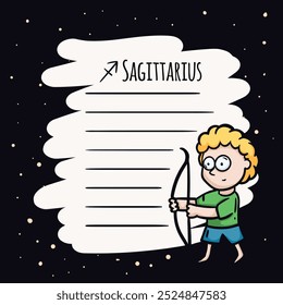 Plantilla de página de bloc de notas de Vector simple con signo del zodiaco de Sagitario. Símbolos astrológicos del horóscopo. Tarjeta para deseos de texto, predicciones