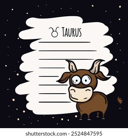 Plantilla de página de bloc de notas de Vector simple con signo del zodiaco de Tauro. Símbolos astrológicos del horóscopo. Tarjeta para deseos de texto, predicciones