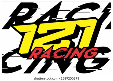 Simple Vector number 121 glitch and italic RACING text, racing sticker design.