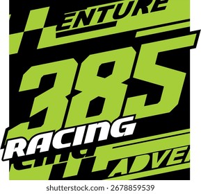 Número de Vector simple 385 verde y texto RACING, concepto de diseño de impresión de pegatinas, fondo abstracto.