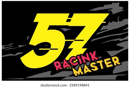 Simple Vector number 57 glitch and text RACINK MASTER, racing design, abstract black background.