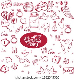  einfache Vektorobjekte für Valentinstag. set.lettering, doodling, love letter, Herz, Diamantring, Endetten, Brillen, Tauben.soft rosa color.geeignet für Verpackungspapier, Textilien