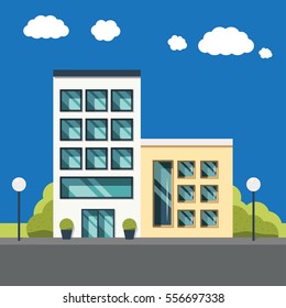 Simple vector office buildings facade. Street with houses and bushes.