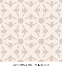 Simple vector ornament. Abstract floral seamless pattern with ethnic folk motifs. Elegant geometric texture with curved shapes, flower silhouettes, lattice. Subtle beige background. Repeating design