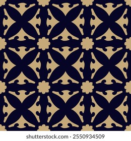 Simple vector ornament. Abstract floral seamless pattern with ethnic folk motifs. Elegant geometric texture with curved shapes, flower silhouettes, lattice. Gold and black background. Repeat design
