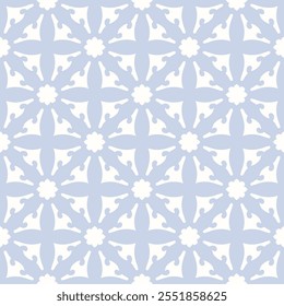 Simple vector ornament. Abstract floral seamless pattern with ethnic folk motifs. Elegant geometric texture with curved shapes, flower silhouettes, lattice. Blue and white background. Repeating design