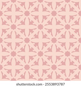 Simple vector ornament. Abstract floral seamless pattern with ethnic folk motifs. Elegant geometric texture with curved shapes, flower silhouettes, lattice. Cute pink and beige background. Geo design