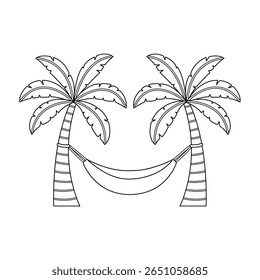 Simple vector outline drawing of two palm trees with a hammock between them. Fun beach, summer tropical-themed coloring page for kids, card and printable craft use. Hand drawn. Line art. Minimal.