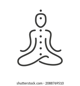 Simple vector outline icon. Meditating human silhouette with seven chakras. Yoga and meditation symbol. Logo template for meditation and spiritual wellbeing centre. 