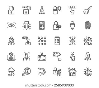 Simple vector outline icon set of lock password protection security finger print encryption concept, cyberspace and access limit secure concept, 30 artboard 48x48 pixel perfect icon editable stroke