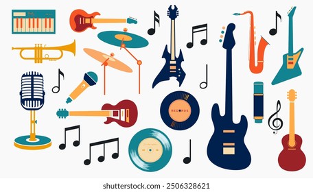 simple vector pack set of musical instruments, retro vintage style musical instruments. Musical instrument elements for design with entertainment concept, national music festival