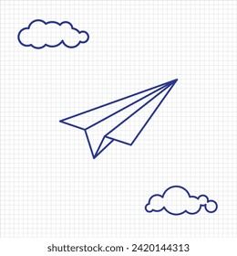 Simple vector paper airplane and cloud on notebook outline illustration, back to school and education concept, freedom and symbol, editable object and shape copy space for text