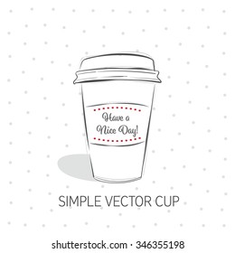 Simple vector paper coffee cup in line style over dotted background. Vector isolated design element for greeting and post cards, posters and print invitations or T-shirt designs. 